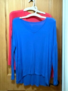 Bundle Two LOFT Women's Blue/Pink Long Sleeve V-Neck Tops Size Small